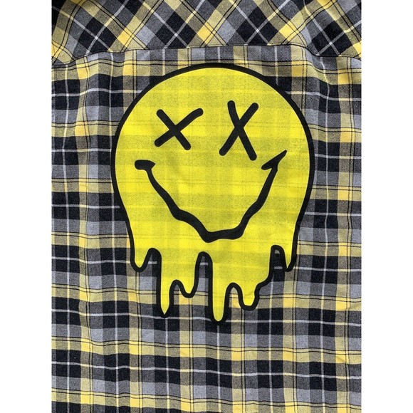 Boohoo Man Shirt Large Yellow Black Plaid Long Sleeve Button Up Smile Emoji - Picture 14 of 16